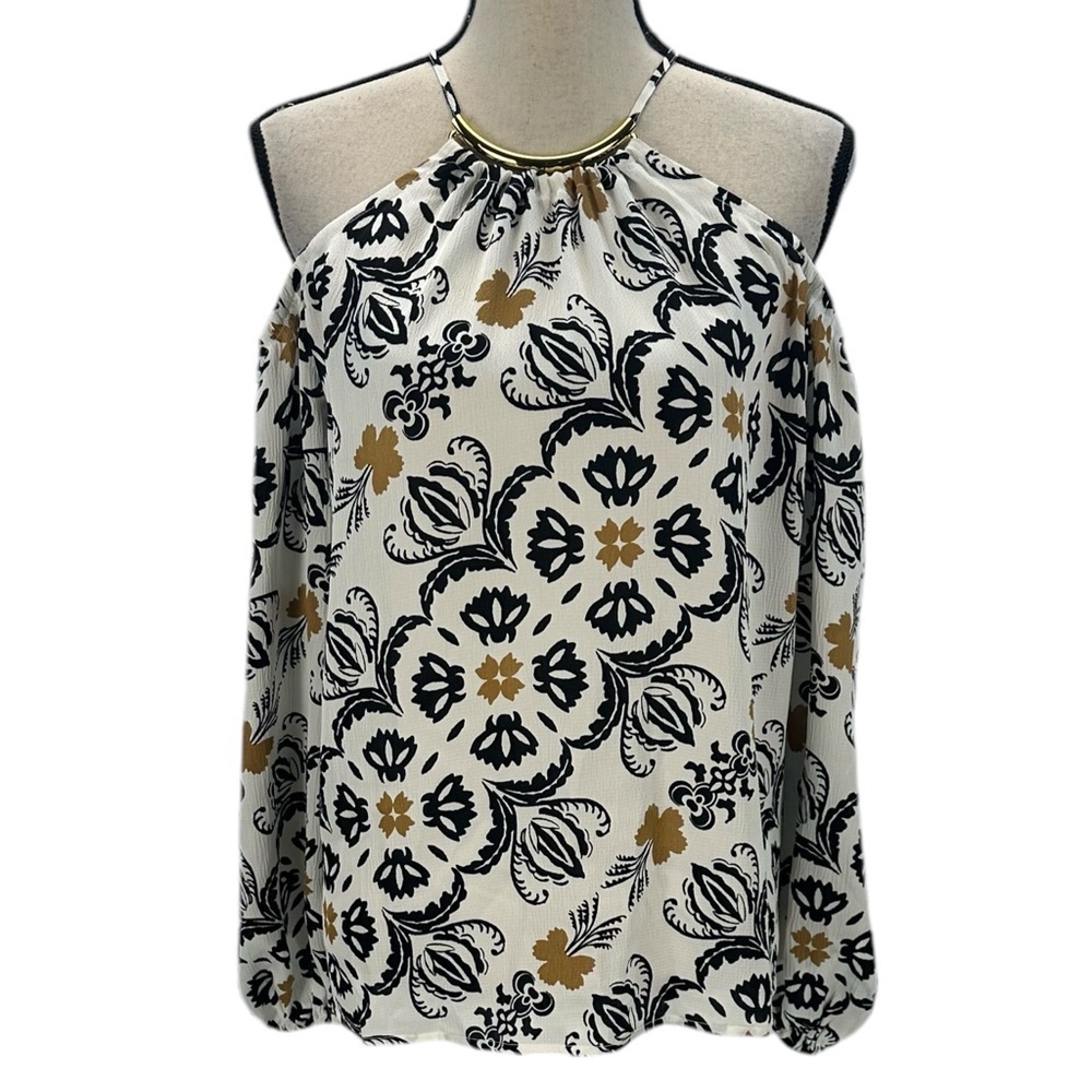 INC Long Sleev Metal Detailed Halter Neck Floral Print Blouse - White Black -Med
